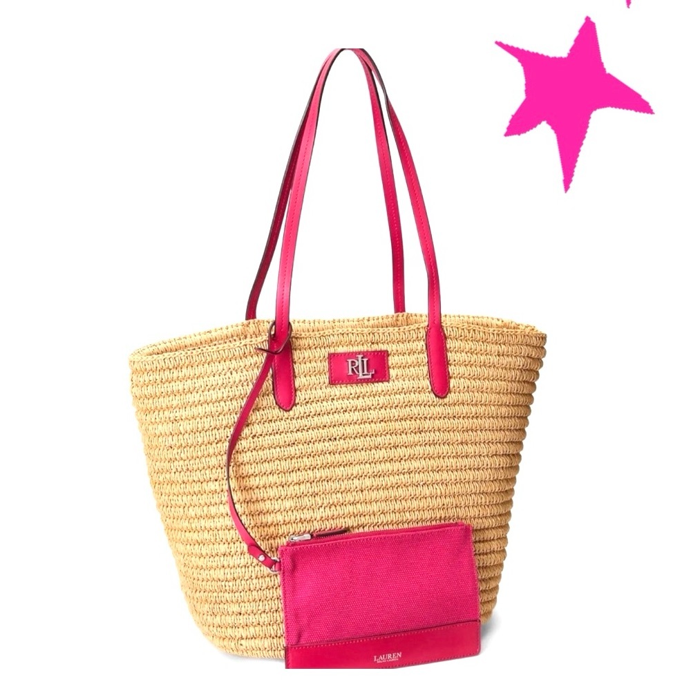 NWT Lauren Ralph Lauren Brie Pink Leather-Trim Straw Medium Tote Bag